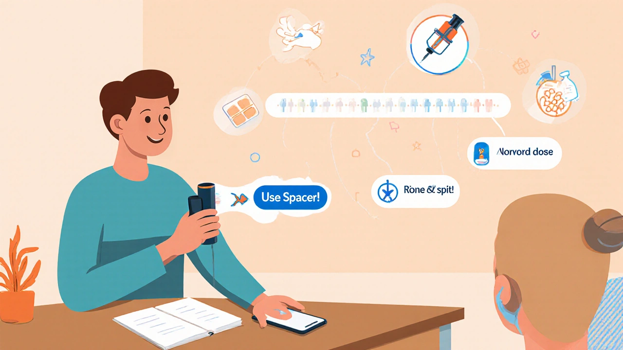 Doctor and patient with smart inhaler sending health alerts, showing dose reduction and monitoring over time.
