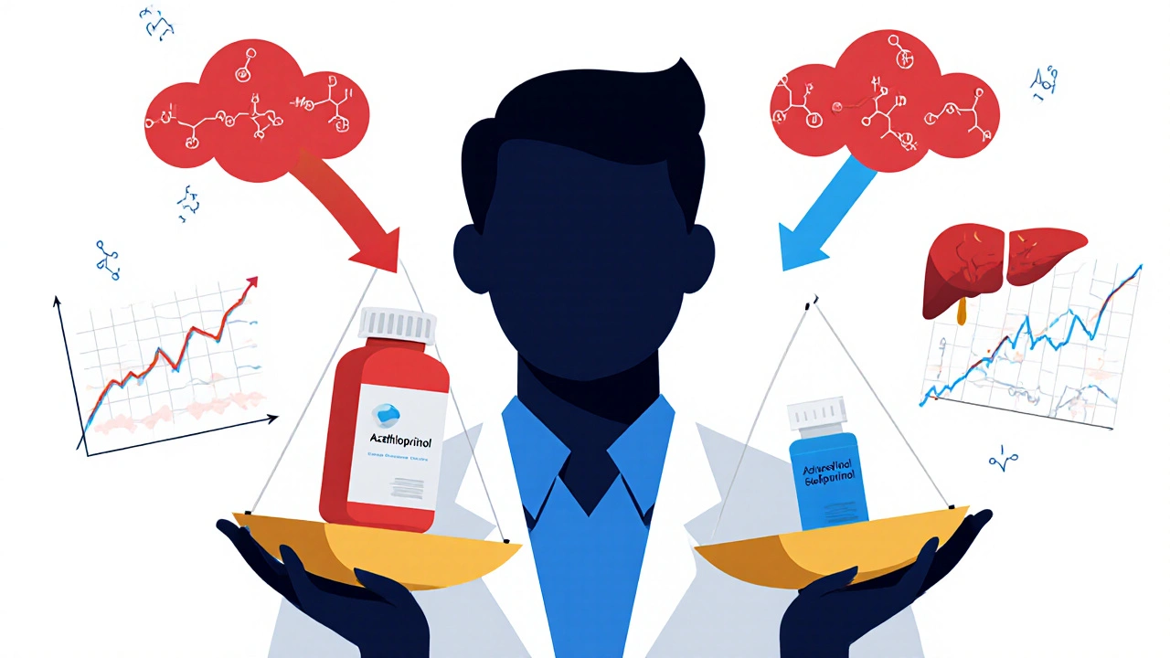 Doctor balancing azathioprine and allopurinol pills, redirecting metabolites from harm to healing.