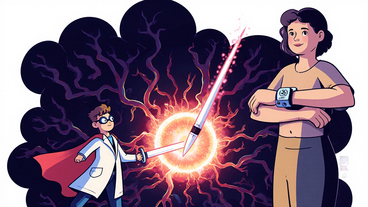 Mini superhero fighting retinal damage with a light syringe, while patient monitors blood sugar calmly in background.