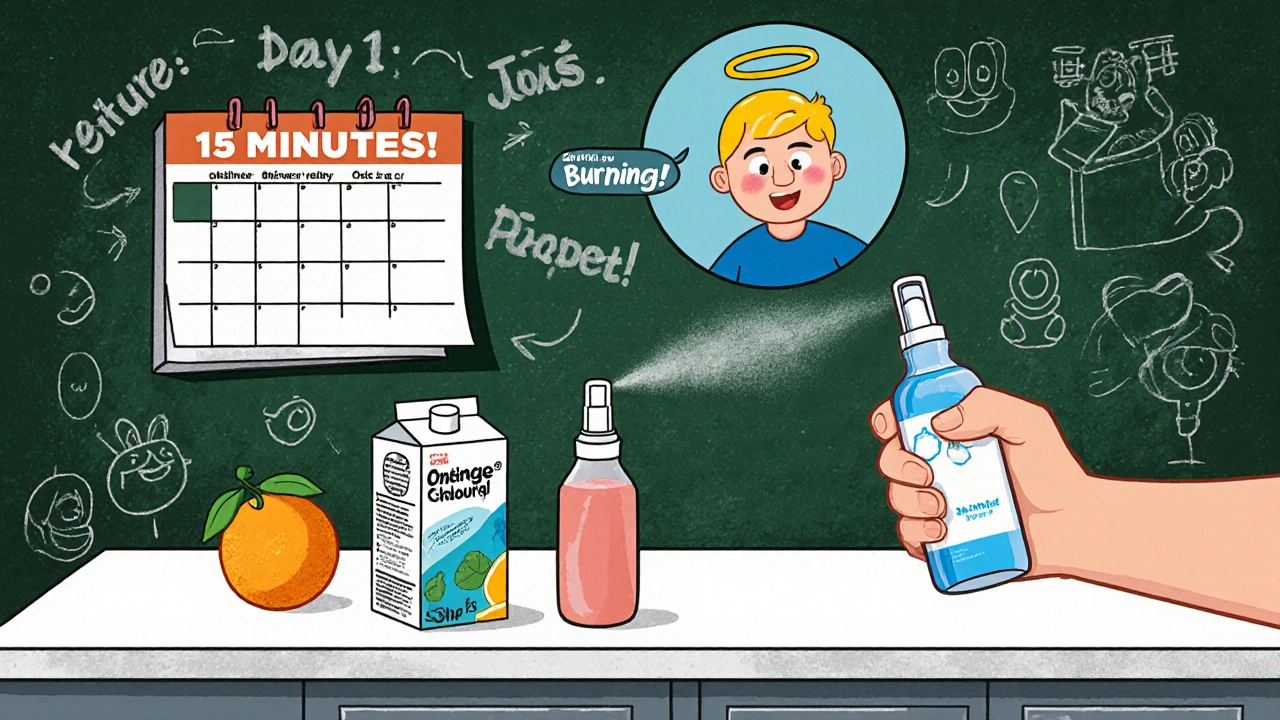 Nasal spray bottle with orange juice and saline spray on counter, symbolizing effective allergy relief routine.