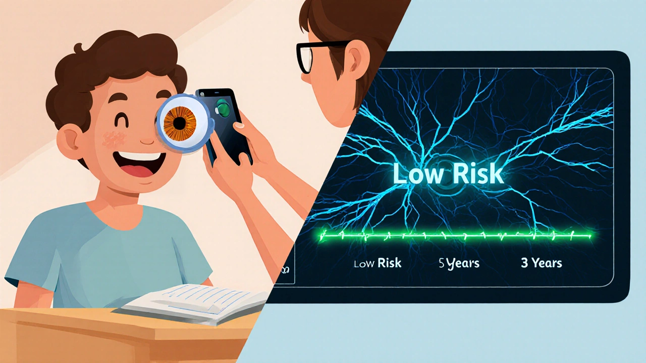Patient getting retinal photo via smartphone in clinic, with AI analyzing the image and projecting a low-risk timeline.