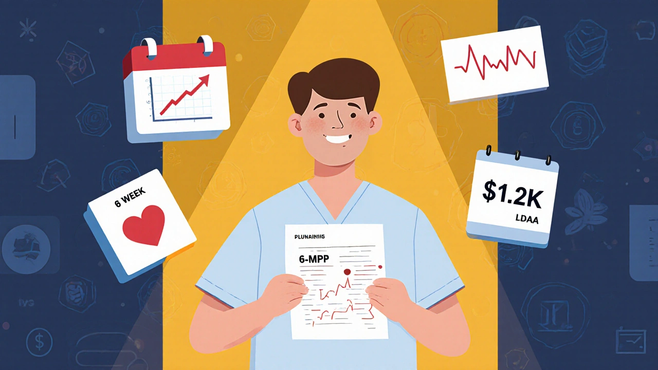 Patient holding blood test showing improved 6-TGN and reduced 6-MMP, with cost and timeline icons.
