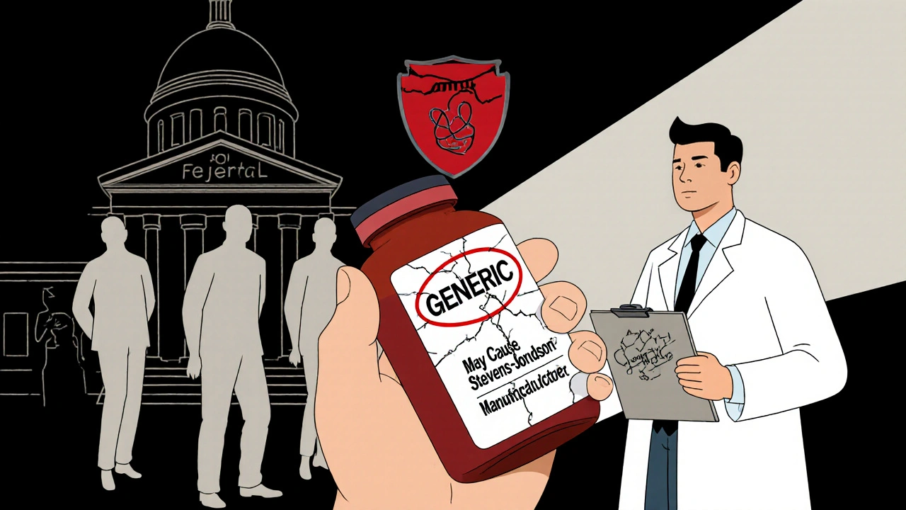 Patient holds generic pill bottle with hidden warning as doctor stands alone under spotlight.