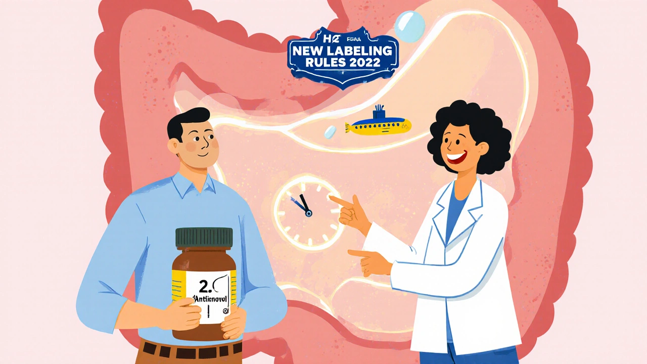 Patient separating antiviral and H2 blocker pills with a 2-hour clock, pharmacist guiding safe absorption.