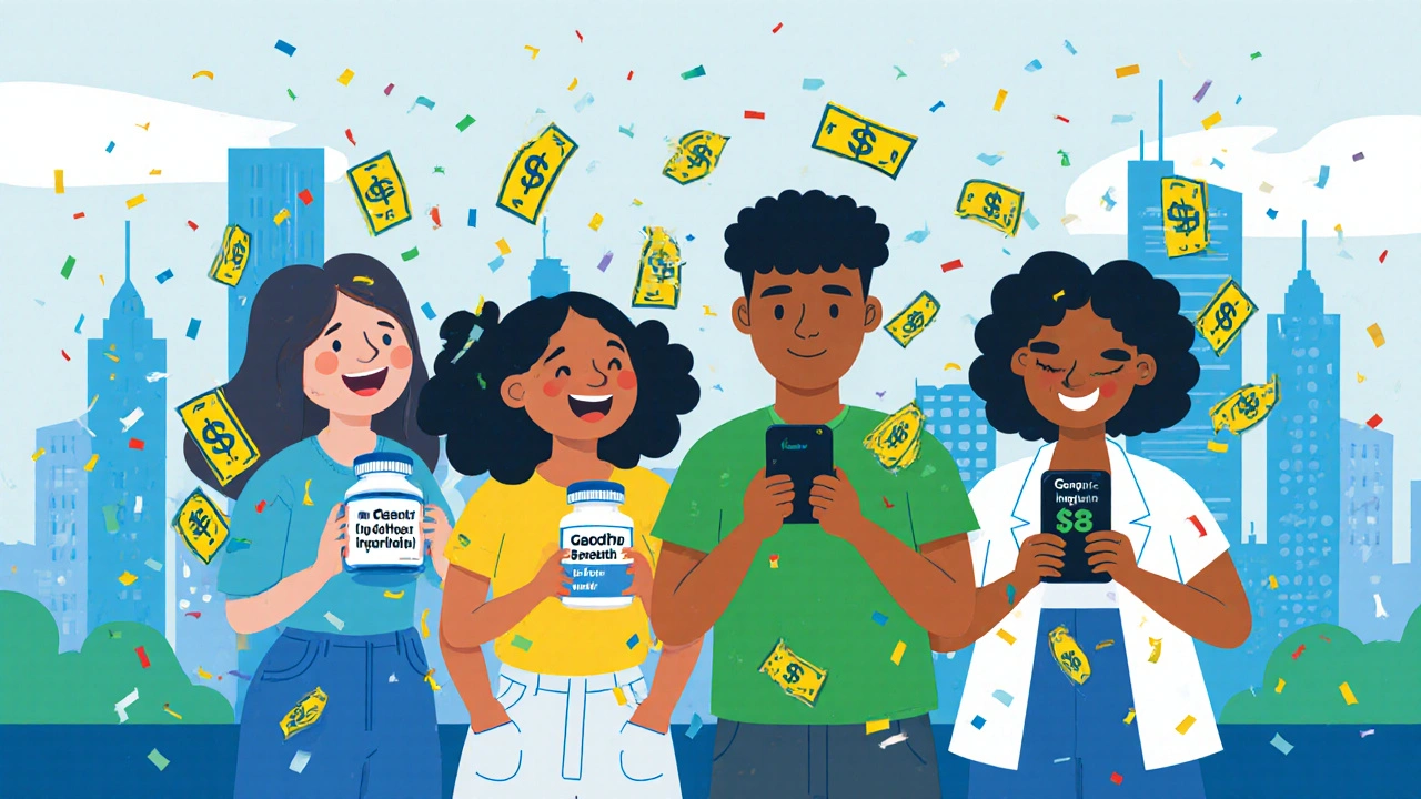 People smiling as dollar bills fall from their pockets while holding generic medication bottles, with a  insulin cap visible.