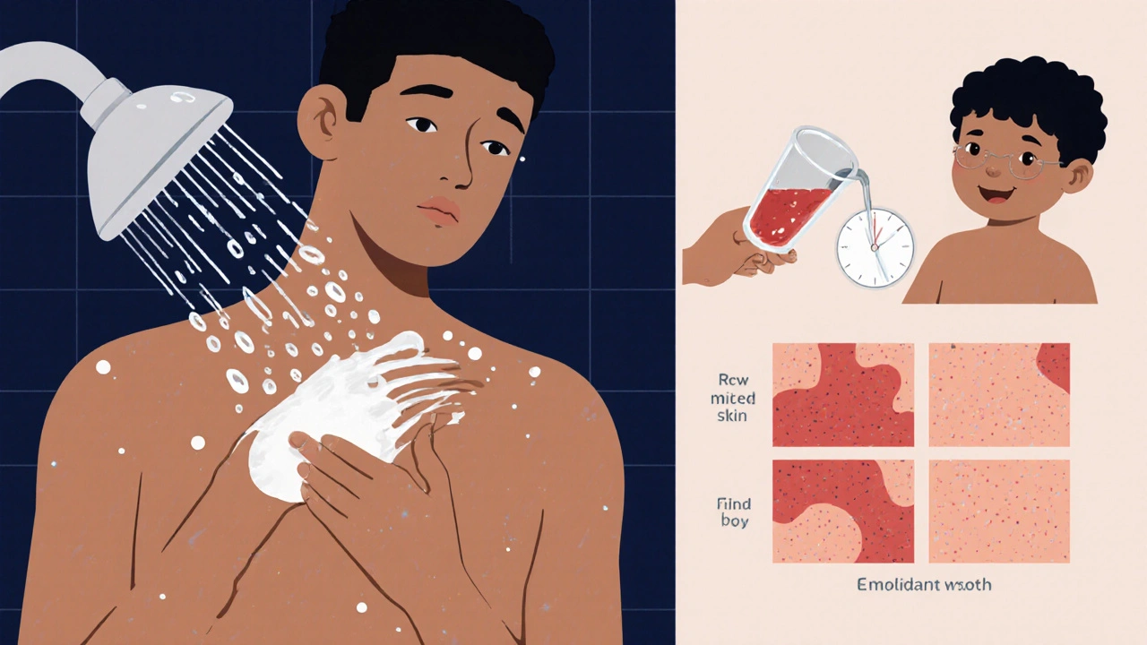 Person applying emollient after shower, with recommended dose shown, skin healing over time.