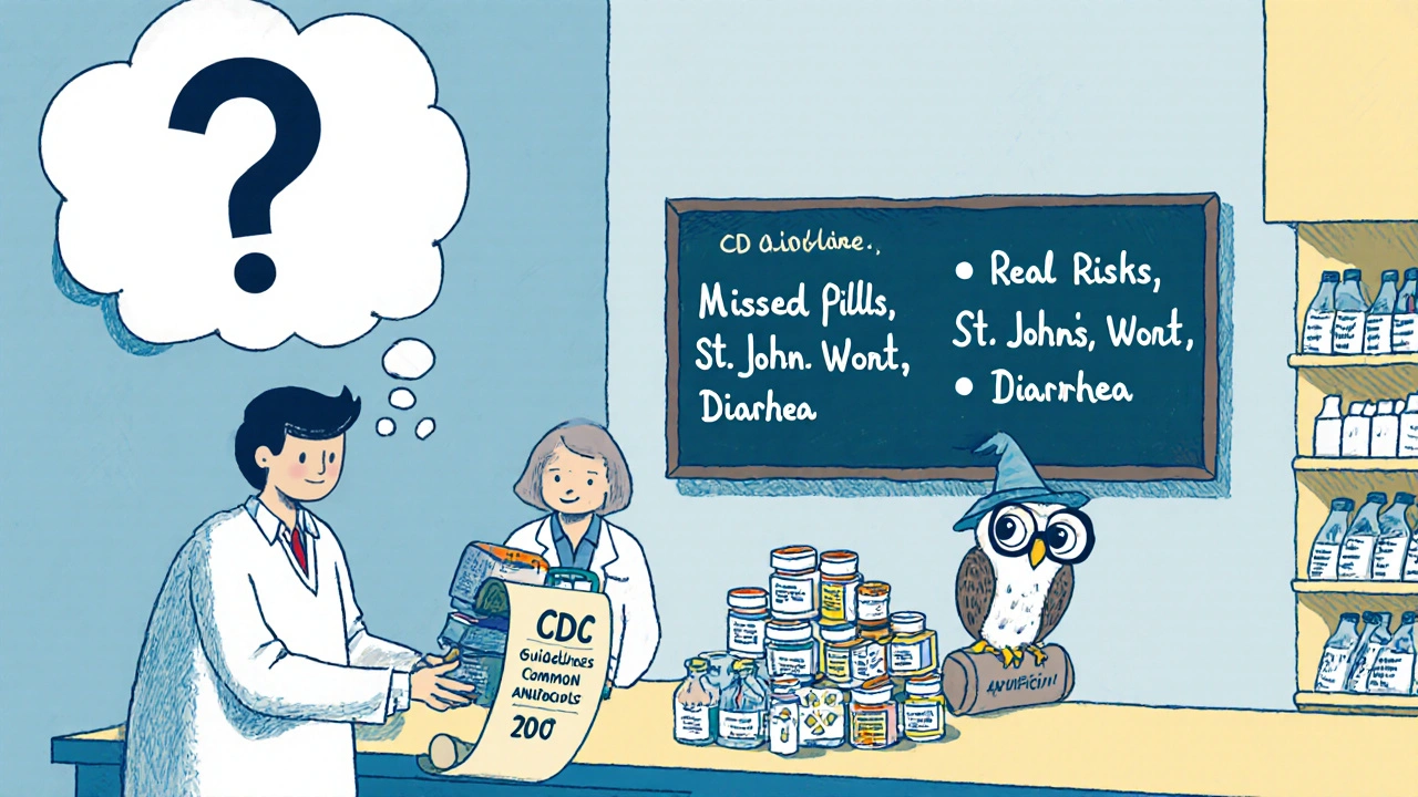 Pharmacist handing antibiotics, thought bubble with question mark, owl holding CDC guideline scroll listing real birth control risks.
