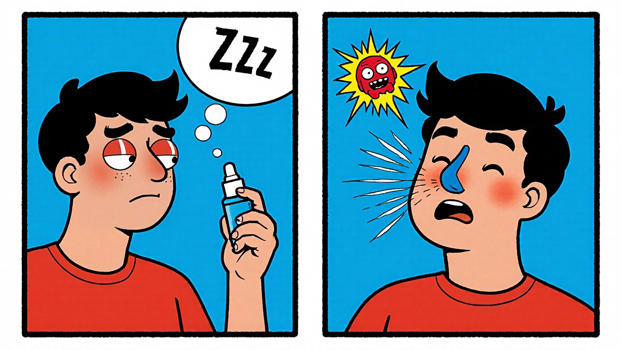 Split illustration comparing drowsy oral allergy pill user vs. energetic nasal spray user.