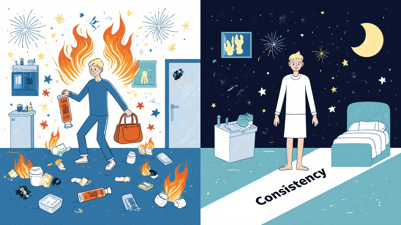 Split scene: neglected skin with flares vs. consistent care leading to calm, healthy skin.