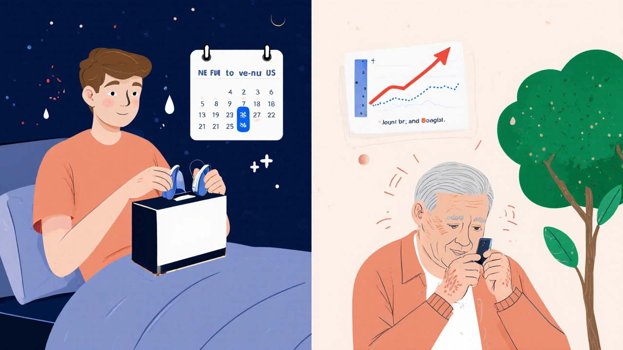 Split scene: one person easily charging hearing aids, another struggling to insert tiny batteries, with environmental and cost icons.