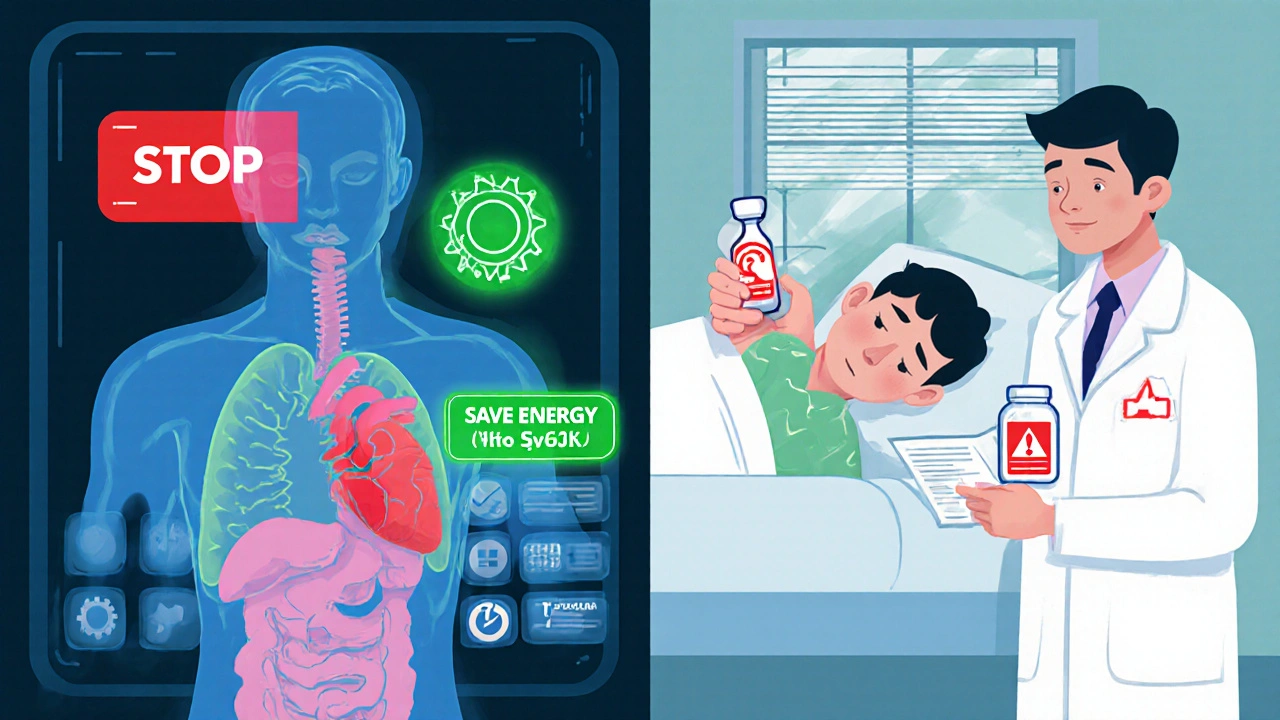 Transparent patient with metabolic control panel showing halted hormone conversion and energy-saving signals.