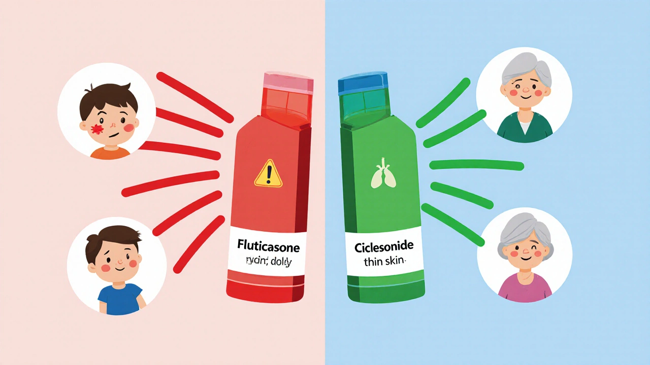 Two inhalers compared: one causing side effects, one safe, with icons of different users and color-coded risks.