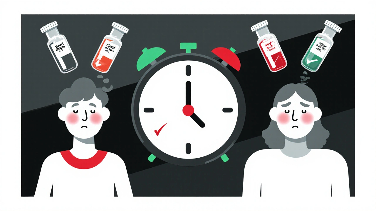 Two patients with blood vials showing different clozapine levels, one smoking, one not.