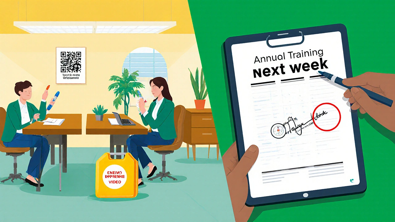 Workplace break room with unlocked epinephrine kit and training materials