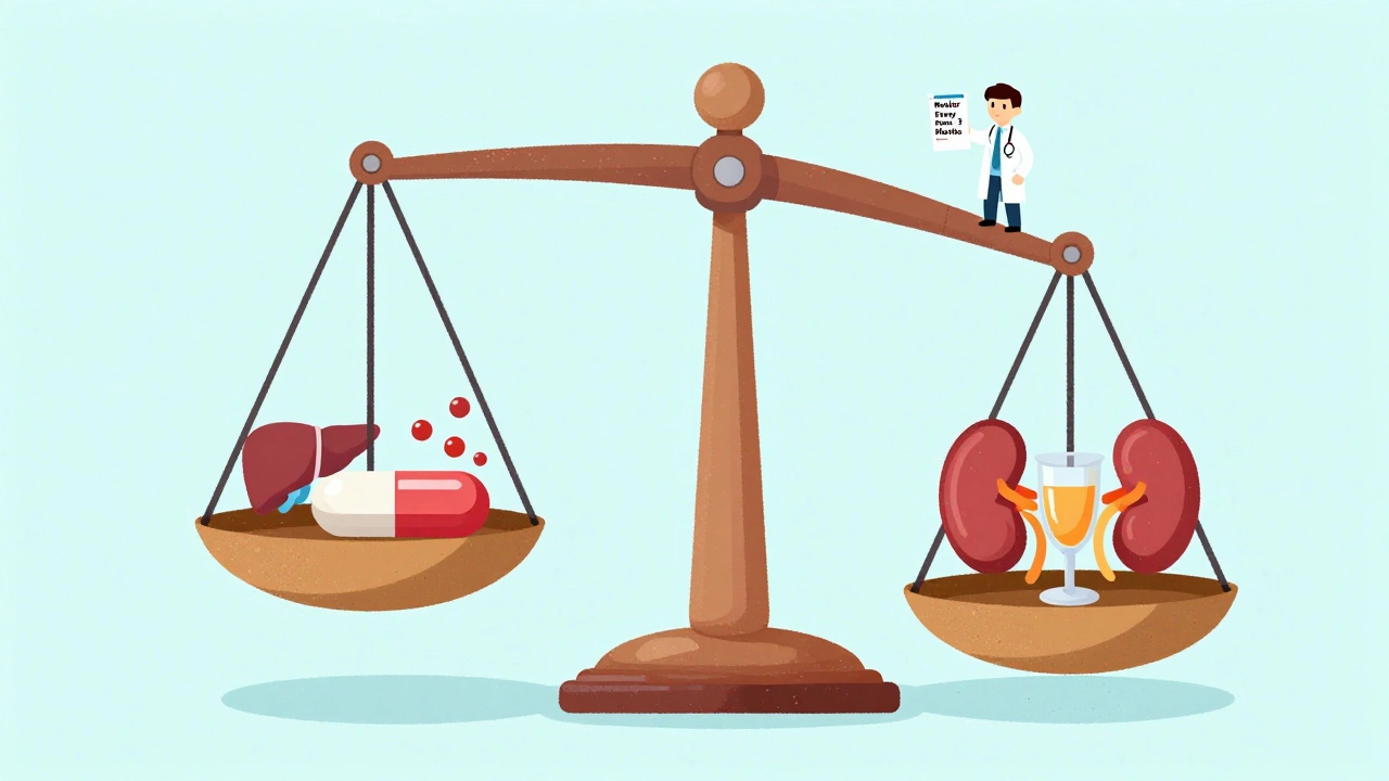 A balanced scale showing metformin benefits versus risks like alcohol and dehydration.