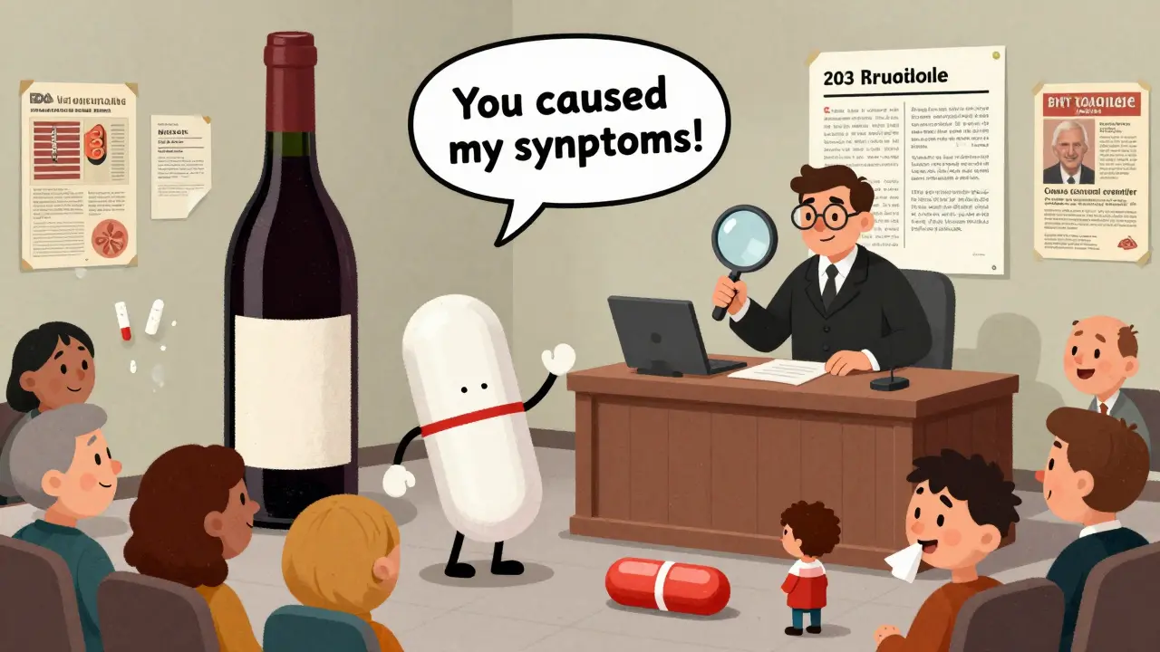 A cartoon courtroom where a pill is on trial for causing alcohol reactions, judged by a study.
