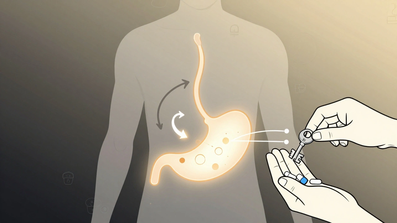 A chain reaction of stomach damage leading to reflux and inflammation, with healing supplements turning like keys in locks.