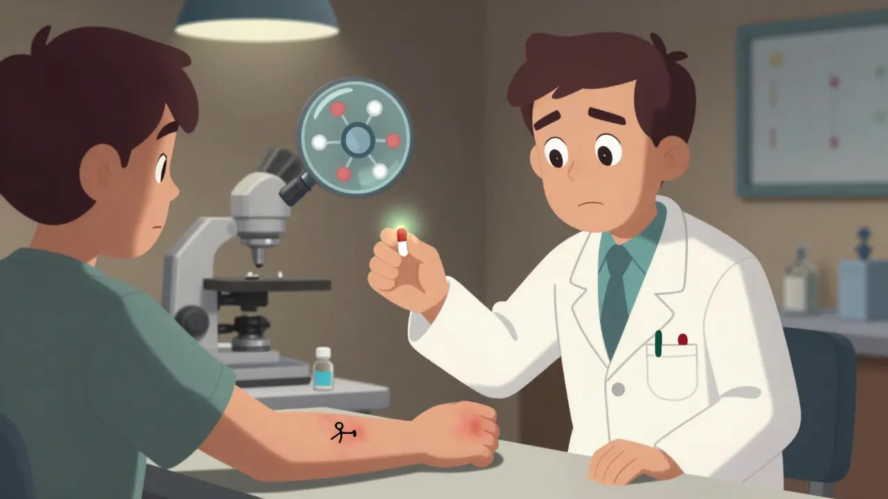 A doctor gives a patient a pill again, and a rash reappears on their arm under careful observation.