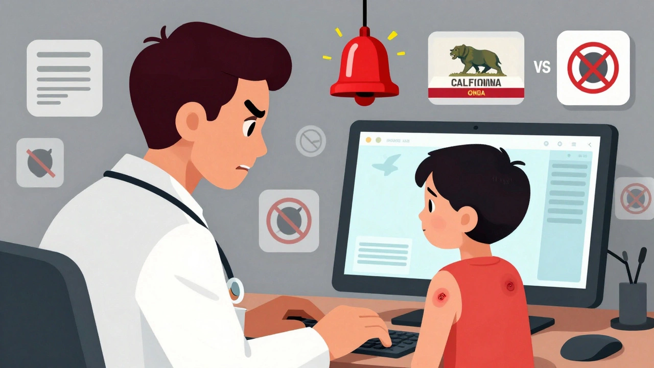 A doctor views a child with bruises on a telehealth screen, while conflicting state laws flash above.