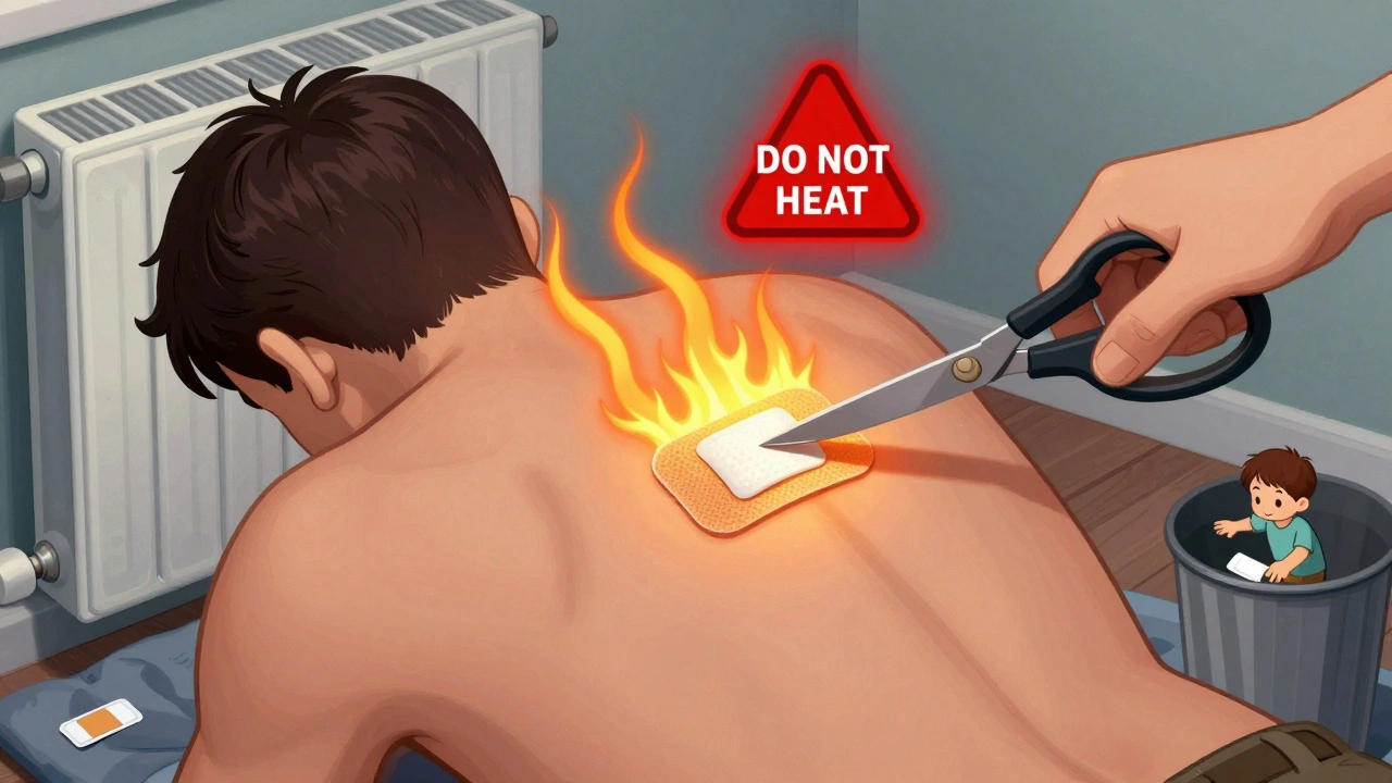 A fentanyl patch on skin with heat waves and a cutting hand, warning signs glowing, a child reaching for a discarded patch.