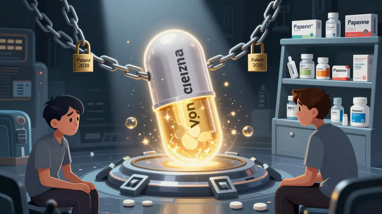 A glowing Voquezna pill trapped by patent chains, next to affordable generic alternatives in a sci-fi medical scene.