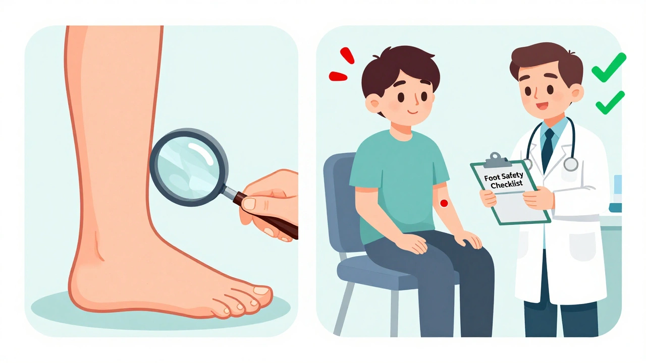 A patient examining their foot daily while a doctor performs an ABI test, symbolizing safe medication use.