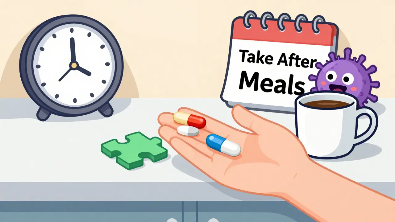 A patient holding three separate generic pills for H. pylori treatment, with a hidden bacterium and clock in background.