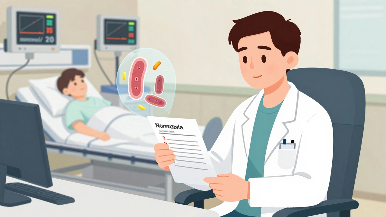 A patient with normal blood test results, contrasted with a chaotic hospital scene in the background.