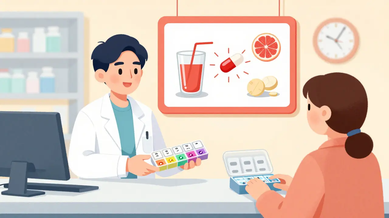 A pharmacist giving a color-coded pill organizer to a patient, with floating warnings about grapefruit juice and calcium interfering with medications.