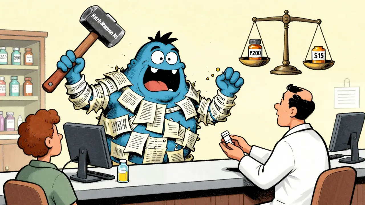 A pharmacist hands a generic pill to a patient as a patent troll is crushed by the Hatch-Waxman Act.