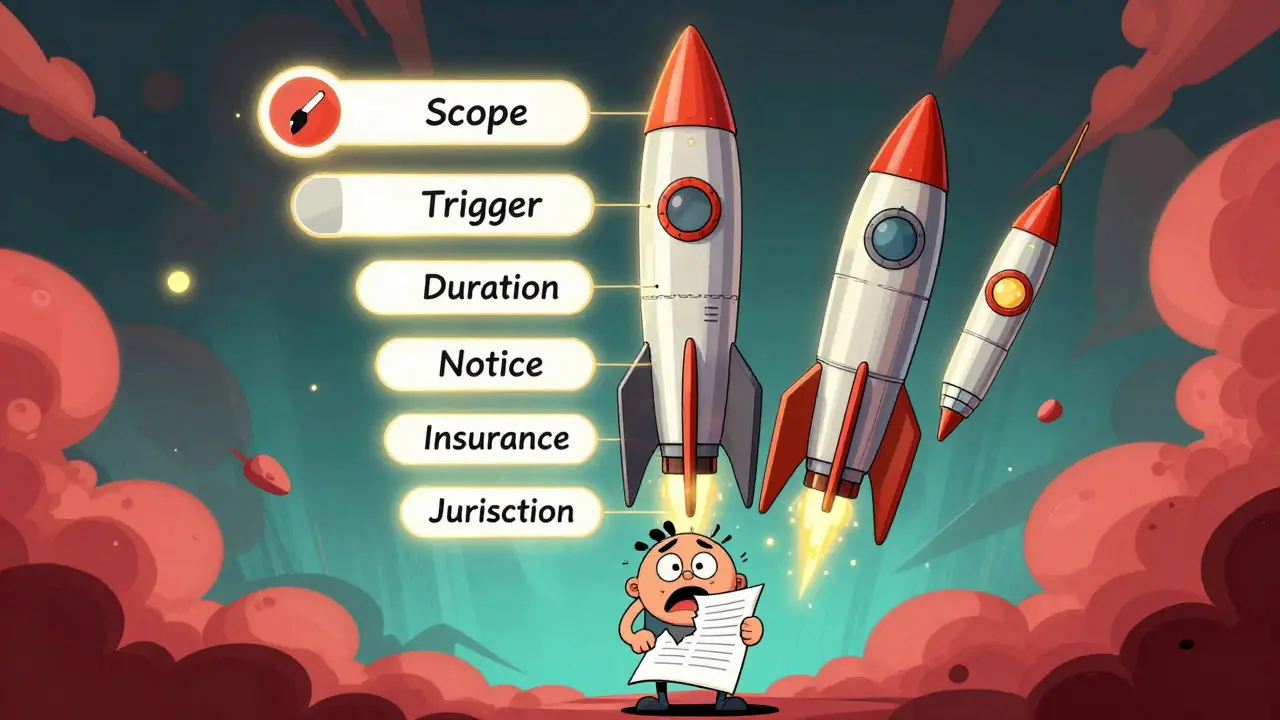 A rocket-shaped checklist with seven parts representing key indemnity clause elements.