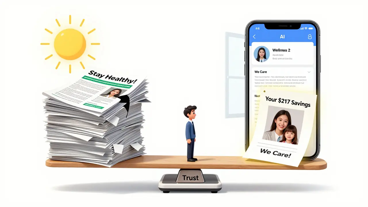 A small employee balancing trust against generic wellness brochures, with a personalized savings summary glowing brightly.