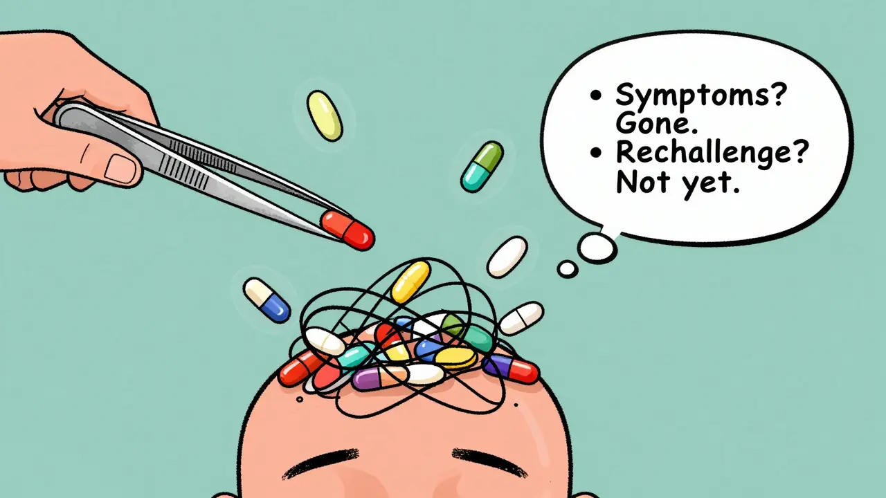 A tangle of pills floats above a patient, with one being removed as symptoms resolve.
