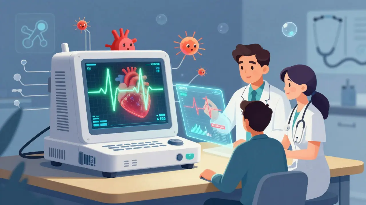 AI analyzing ECG with holographic HEART score chart, doctor and patient reviewing results together.