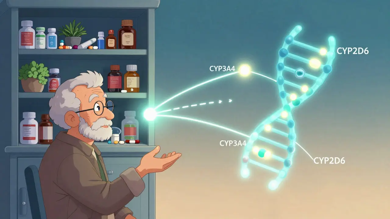 An elderly person surrounded by medicine bottles on one side, and a glowing genetic enzyme map showing drug interactions on the other.