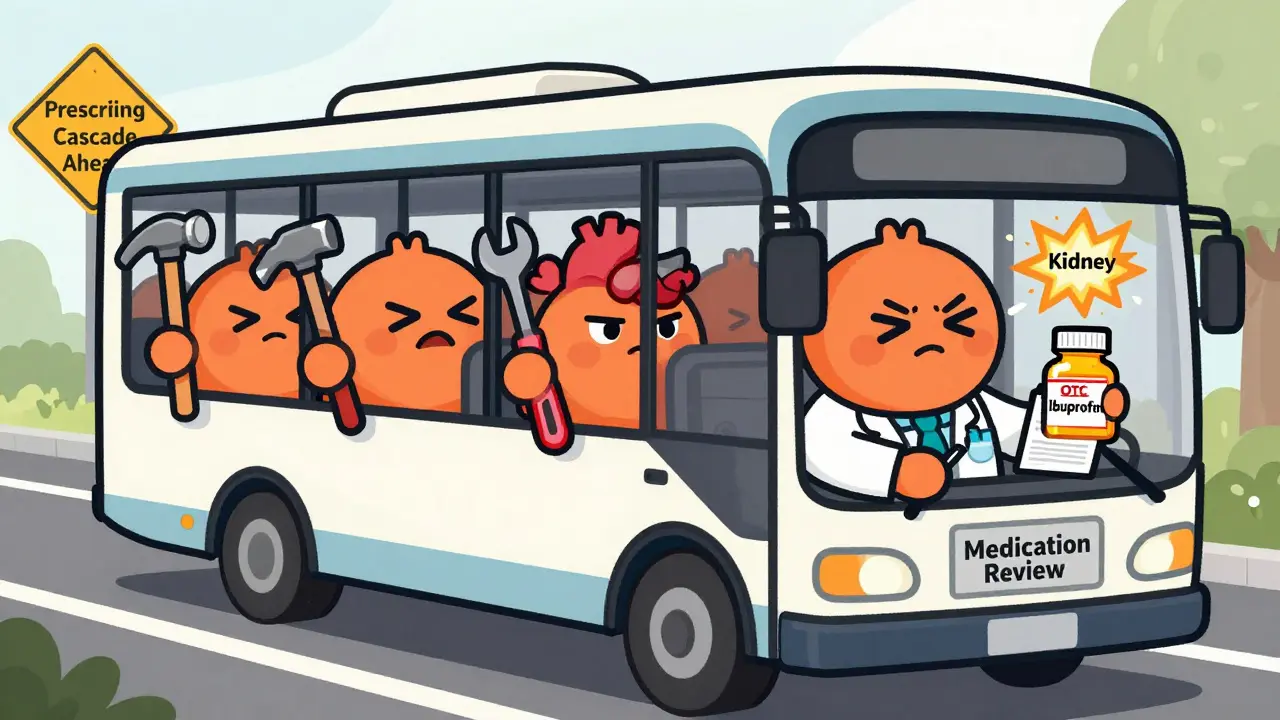 Cartoon bus with characters holding tools representing medications, one causing a danger spark near a kidney organ.