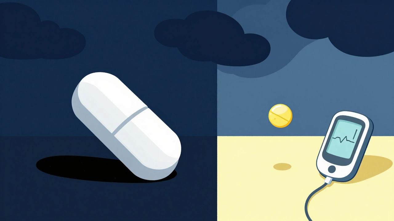 Comparison of two diabetes pills: one causing nighttime danger, the other with a stable CGM reading.