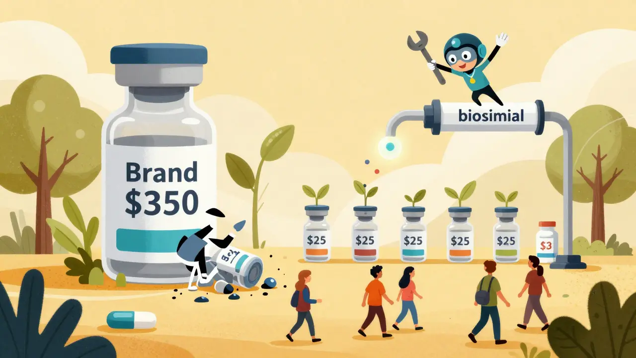 Crumbling brand insulin vials are replaced by glowing biosimilars, with patients walking happily under medicine trees.