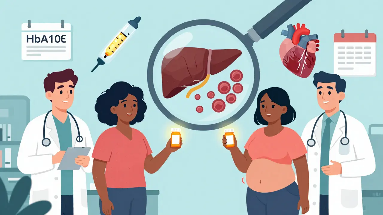 Diverse patients holding pill bottles, with pitavastatin glowing warmly as insulin receptors and heart function remain healthy.