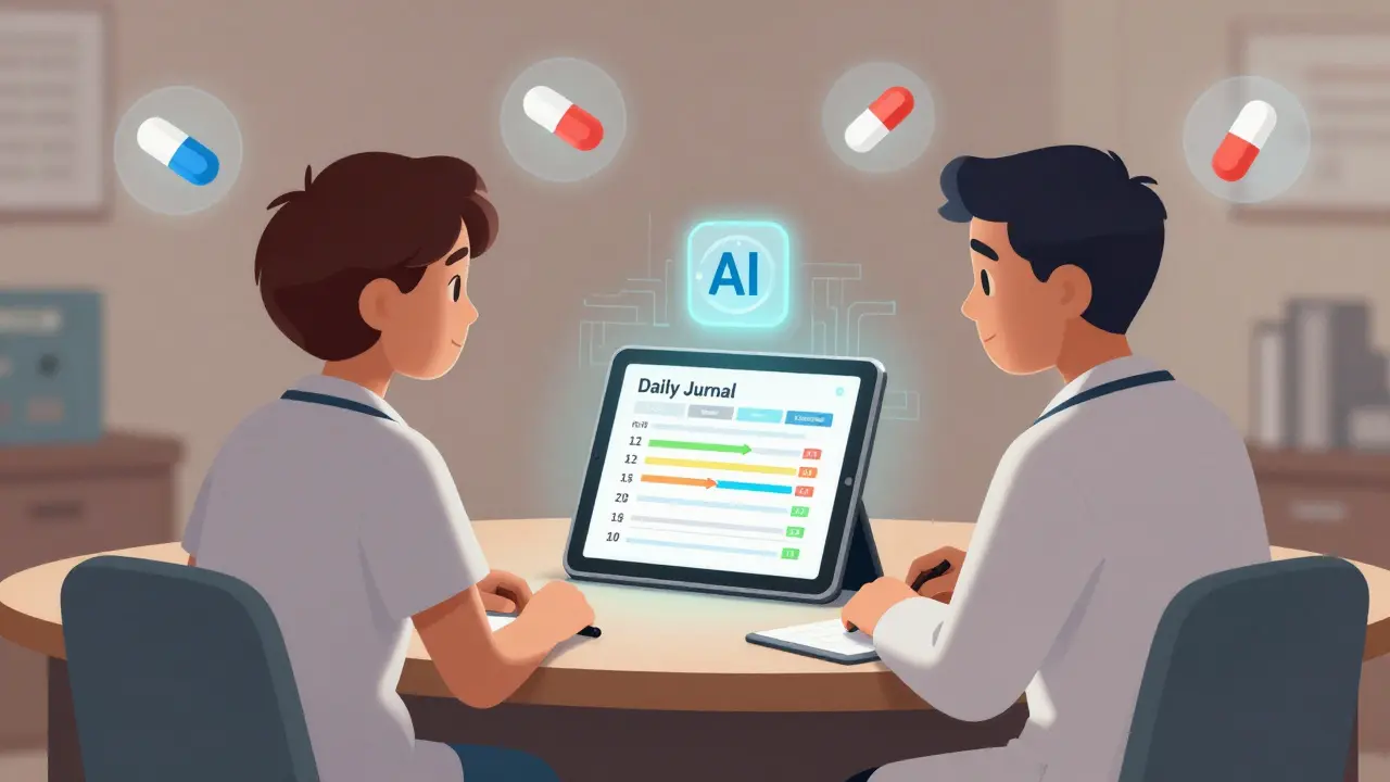 Doctor and patient reviewing a digital symptom journal with glowing dose-tracking arrows.