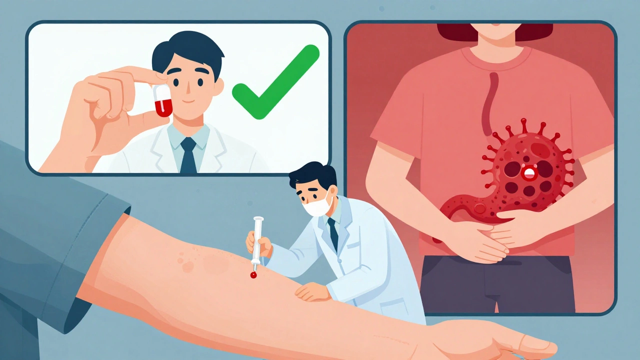 Doctor performing penicillin skin test with contrasting outcomes shown side by side