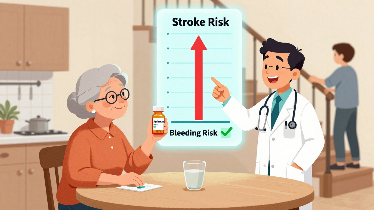 Elderly woman with apixaban pill and a visual chart showing stroke risk outweighing bleeding risk, with family installing handrail.
