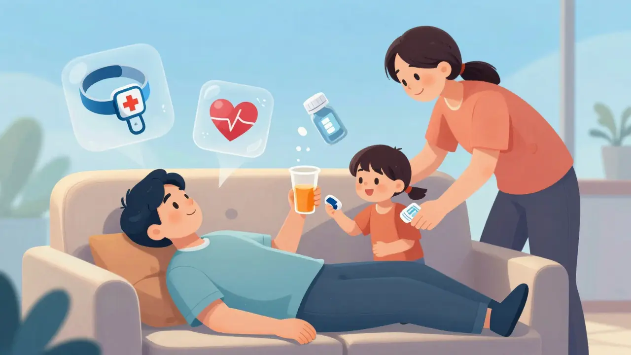 Family helping someone who collapsed during fasting with juice and glucose tablets nearby.