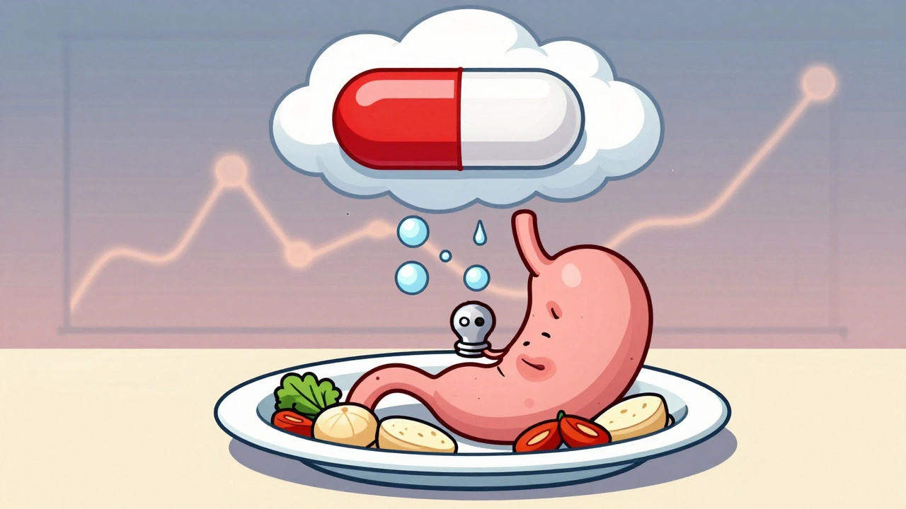 Food bloating in a shrinking stomach, gas pushing against a weakened valve, with a large PPI pill looming above.