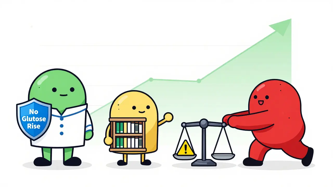 Four statin characters compared visually, with pitavastatin as a calm scientist maintaining balanced glucose levels.