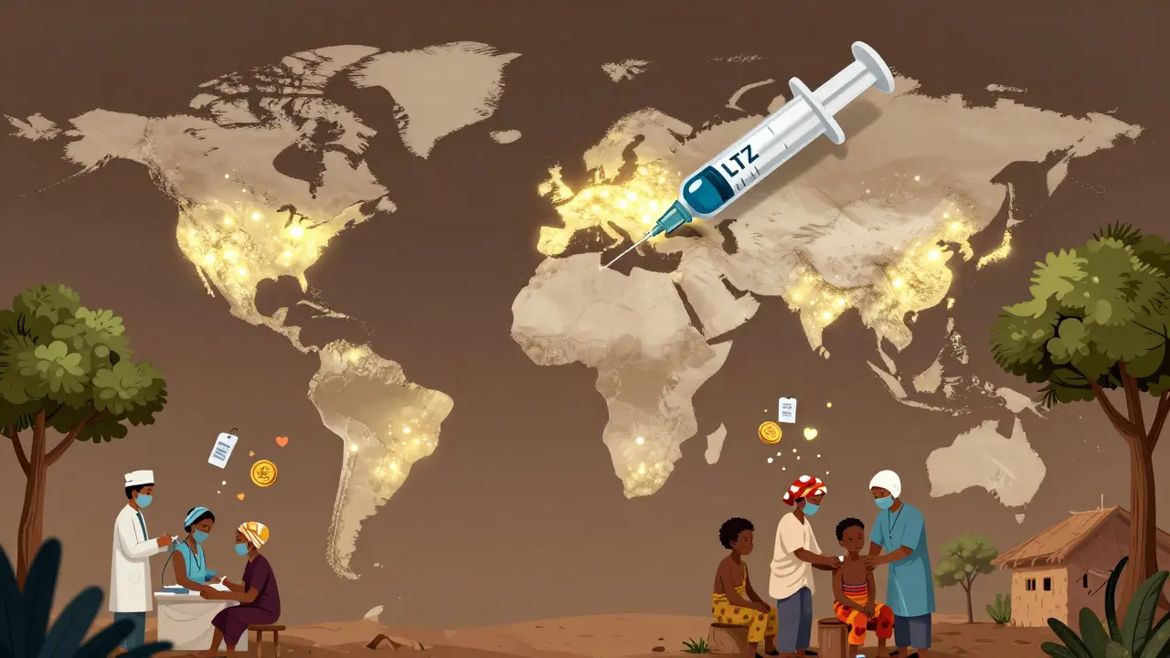 Global map with syringe connecting health workers delivering HIV injections in low-income regions.