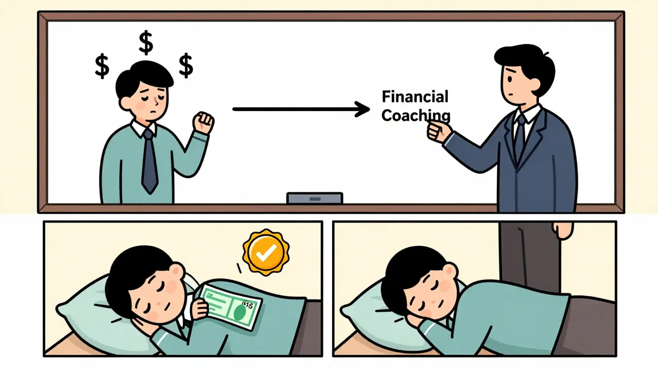 HR manager drawing a simple diagram showing financial coaching reducing employee stress and improving sleep.