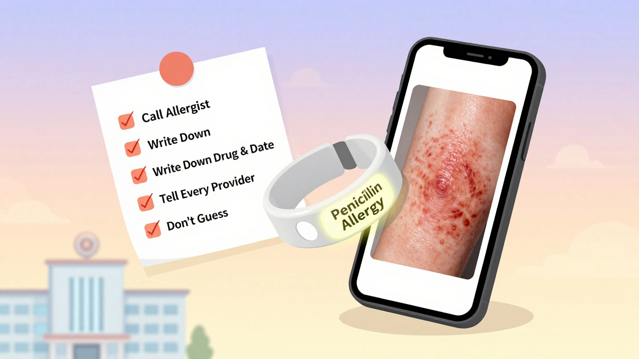 Medical alert bracelet and checklist guiding someone to seek proper allergy testing