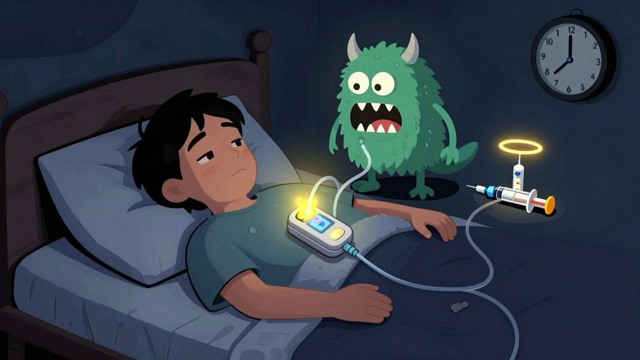 Nighttime pump alarm with DKA monster emerging, backup insulin and glucagon glowing nearby.