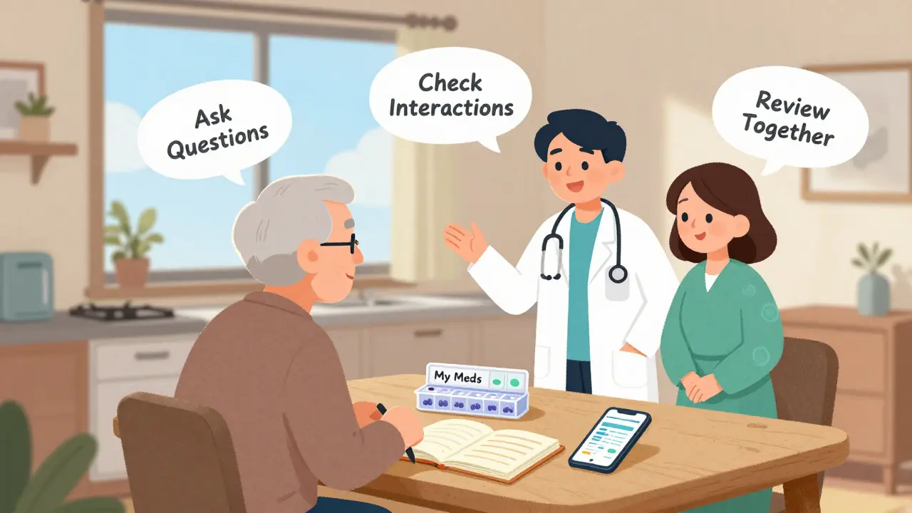 Older adult at table with pill organizer and medication list, supported by a team of pharmacist, doctor, and caregiver.